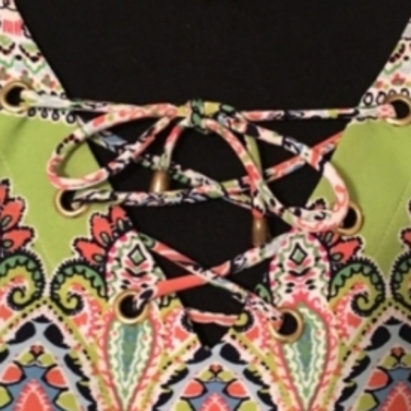 IVY LANE Paisley Slinky Multicolor Lace-up Tie Sleeveless Stretch Dress EUC - Picture 6 of 10